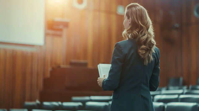 Motivational Speaker Rehearsing Presentation in Empty Theater Room. Spokesperson practicing alone before giving a public presentation
