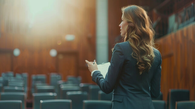 Motivational Speaker Rehearsing Presentation in Empty Theater Room. Spokesperson practicing alone before giving a public presentation - Powered by Adobe