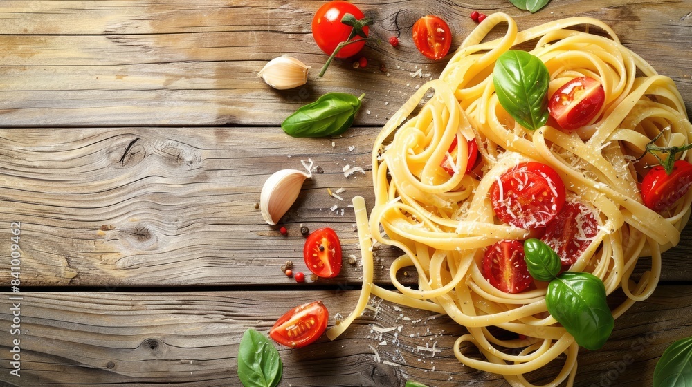 Sticker Pasta topped with garlic tomato and basil leaves served on a wooden surface