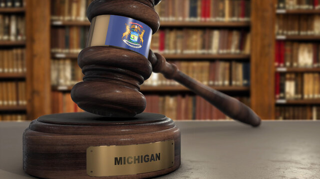 Michigan Flag on Judge Gavel or Hammer in Court with State Name. Legal System 3D Illustration