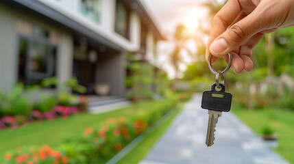 hand of a realtor holds the keys to the house on the background of a country house