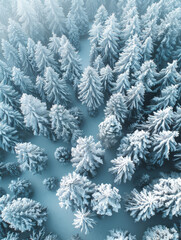 This image offers a bird's-eye view of a wintry forest created with Generative AI technology