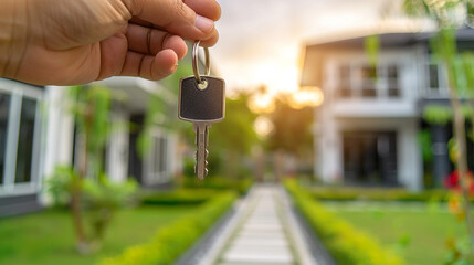 hand of a realtor holds the keys to the house on the background of a country house