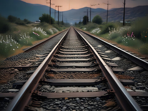 a side view of the railroad track, pictures of beautiful,Long shot, backgrounds where space plants grow in hyperrealistic, cinematic, rich colors and pastel tones - generated by ai
