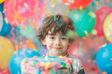 Excited Boy Celebrating Birthday with Cake and Balloons