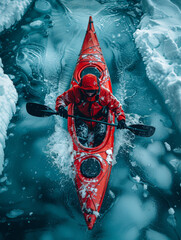 top down drone photography of an icy ocean, ice berg to left, man in red red kajak in water created with Generative AI technology
