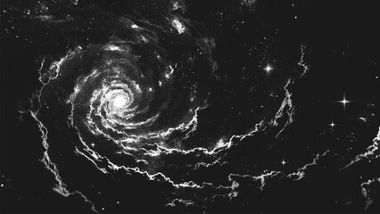 Deep space scene background in stippling style with amazing huge spiral nebula in universe. Great Attractor. Retro styled dotwork. Pointillism. Noisy grainy shading using dots. Vector illustration