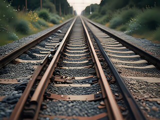 Fototapeta premium a side view of the railroad track, pictures of beautiful,Long shot, backgrounds where space plants grow in hyperrealistic, cinematic, rich colors and pastel tones - generated by ai
