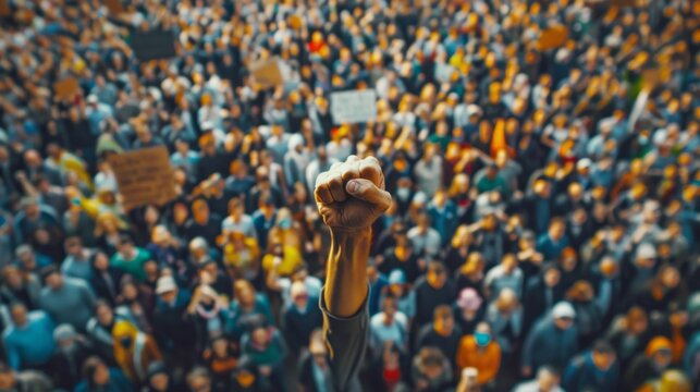 A crowd of people are protesting and one person is holding up a fist