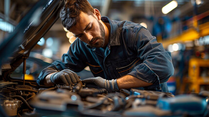 A positive mechanic wearing protective gloves, checking a car under the opened hood.
