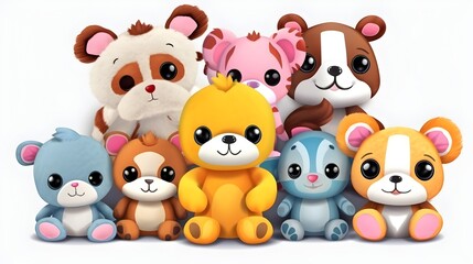 Naklejka premium Adorable Stuffed Animal Toys Set on Transparent Background - Monkey, Bunny, Fox, Dragon Plushies. Generative AI Illustration of Cute Fluffy Soft Toys.