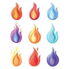 Collection colorful flame icons representing various elements, flame bright gradient colors, symbolizing fire, water, magic. Artistic interpretation elemental flames suitable game asset symbolic