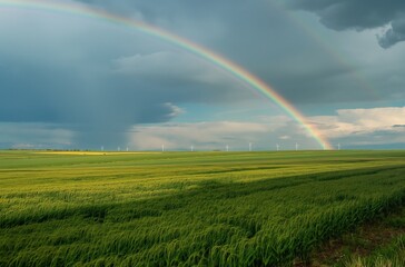 Naklejka premium A rainbow over an open field with wind turbines in the background, symbolizing clean energy and nature's beauty
