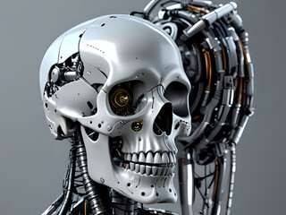 Fototapeta premium detailed depiction of a human skull encased in a sophisticated robotic exoskeleton, blend of biological and mechanical elements - generated by ai