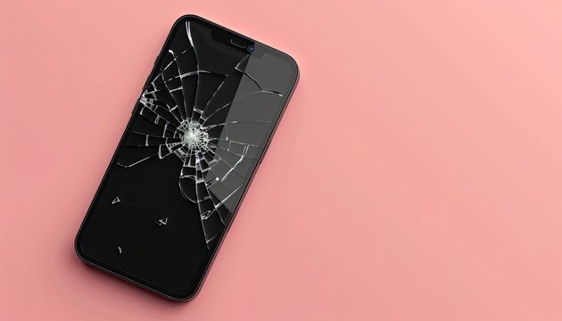 A phone with a cracked screen is laying on a pink background