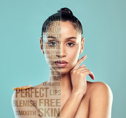 Woman, portrait and words for skincare in studio, orange slice and vitamin c to hydrate skin....