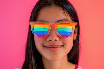Fototapeta premium Portrait of a young Asian woman celebrating Pride with rainbow sunglasses