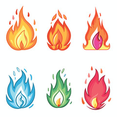 Flame icons set various colors representing fire, heat, energy, icon features distinct flame color scheme ranging traditional orange fire blue green flames. Cartoon design suitable