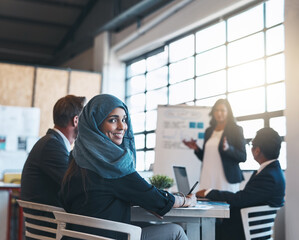 Teamwork, business people and portrait of Muslim woman in meeting for planning, presentation and...