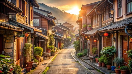 Fototapeta premium A narrow street with many shops and houses