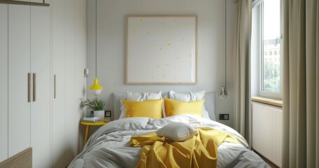Interior shot of an modern bedroom with scandinavian yellow with frame wall, poster, modern interior background.