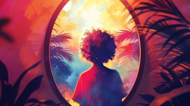 A person practicing self affirmations in front of a mirror with a bright