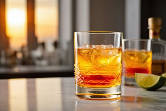 Tequila Sunrise: a crystal clear glass filled with golden tequila on a white marble surface.