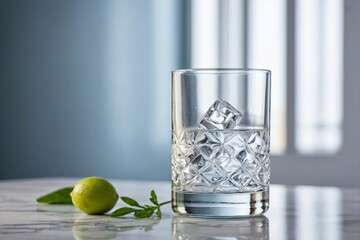 Crystal Clear: a pristine, clear glass of vodka on a white or light grey marble surface.