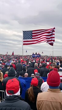 Flags waving in slow motion at huge crowd at conservative right wing campaign rally