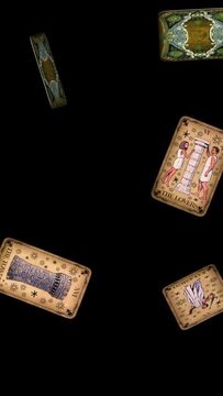 Falling Tarot Cards - Modern Magic Fantasy - Vertical Transparent Screen - 22 trump Tarot cards of Major Arcana for divination rituals - Realistic 3D animation loop isolated on transparent background