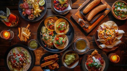 A table with Mexican dishes. Traditional Mexican dishes like tacos, enchiladas, guacamole, and churros are beautifully laid out on the table.