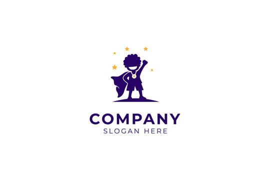 silhouette of child becoming a hero wearing a star medal, child with achievement, smart child, great child, flat vector logo design