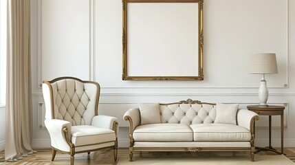 Living Room Featuring a Beige Wall, an Inviting Armchair and Sofa, and a Rustic Frame Adding a Touch of Farmhouse Charm
