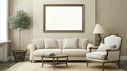 Living Room Featuring a Beige Wall, an Inviting Armchair and Sofa, and a Rustic Frame Adding a Touch of Farmhouse Charm