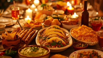 Fototapeta premium A table with Mexican dishes. Traditional Mexican dishes like tacos, enchiladas, guacamole, and churros are beautifully laid out on the table.