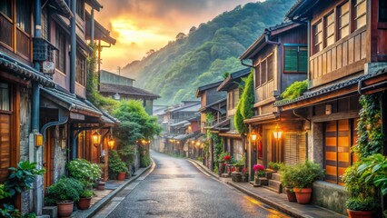 Obraz premium A narrow street with many shops and houses