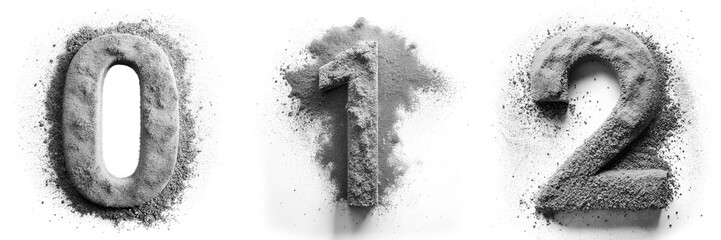 Numbers 0, 1, 2.  Alphabet Made of Gray Powder: Letters on a White Floor.