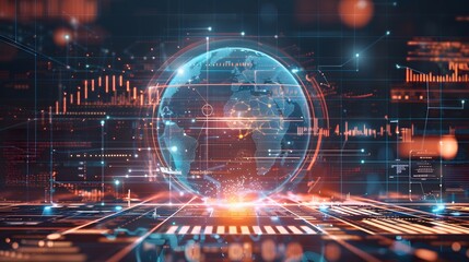 Obraz premium Abstract graphic world map illustration on blue background, big data and networking concept. 3D Rendering
