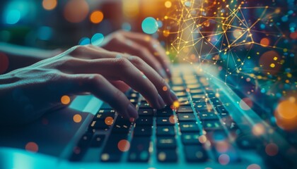 A dynamic scene: hands on keyboard, typing away amidst a low poly landscape. Human interaction meets technology in a vibrant fusion of creativity and innovation. 🖐️💻✨