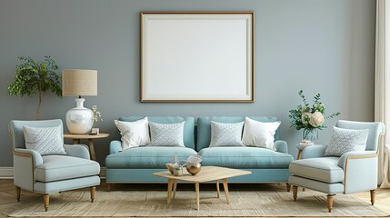 Living Room Featuring a Beige Wall, an Inviting Armchair and Sofa, and a Rustic Frame Adding a Touch of Farmhouse Charm