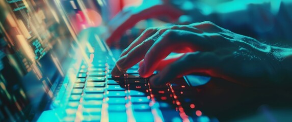 Fast typing concept: Hands swiftly maneuvering on keyboard. AI programmer engrossed in coding, enhancing software development efficiency.
