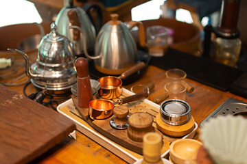 Close-up photography of fresh coffee making equipment