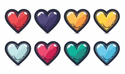 Colorful hearts set comic style illustration. Cartoon hearts vibrant colors love symbol collection isolated. Eight red, purple, yellow, blue, pink, green shades drawing