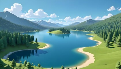 Naklejka premium A panoramic shot of a serene lake nestled in a valley surrounded by rolling hills and dense forests, with a clear blue sky overhead.