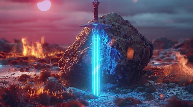Mystical glowing sword resting on a rugged rock, emanating magical energy in a fantasy scene
 Seamless looping 4k time-lapse virtual video animation background. Generated AI