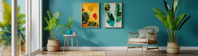 Brightly lit modern living room with tropical decor, green plants, rattan chair, and colorful wall art against a teal wall for a cozy ambiance.