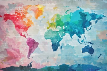 Colorful abstract world map art with vibrant hues and artistic brush strokes, ideal for creative backgrounds and visual design projects.