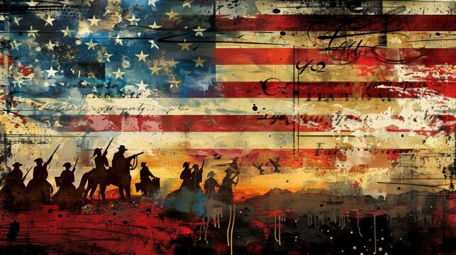 A dynamic digital art piece featuring the evolution of the American flag from 1776 to the present day