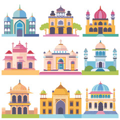 Collection colorful flat design famous buildings depicting historical tourism architecture, structure has distinct features cultural design elements representing various styles. Various domes
