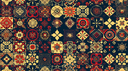 Seamless pattern of flowers and gods on the fabric.